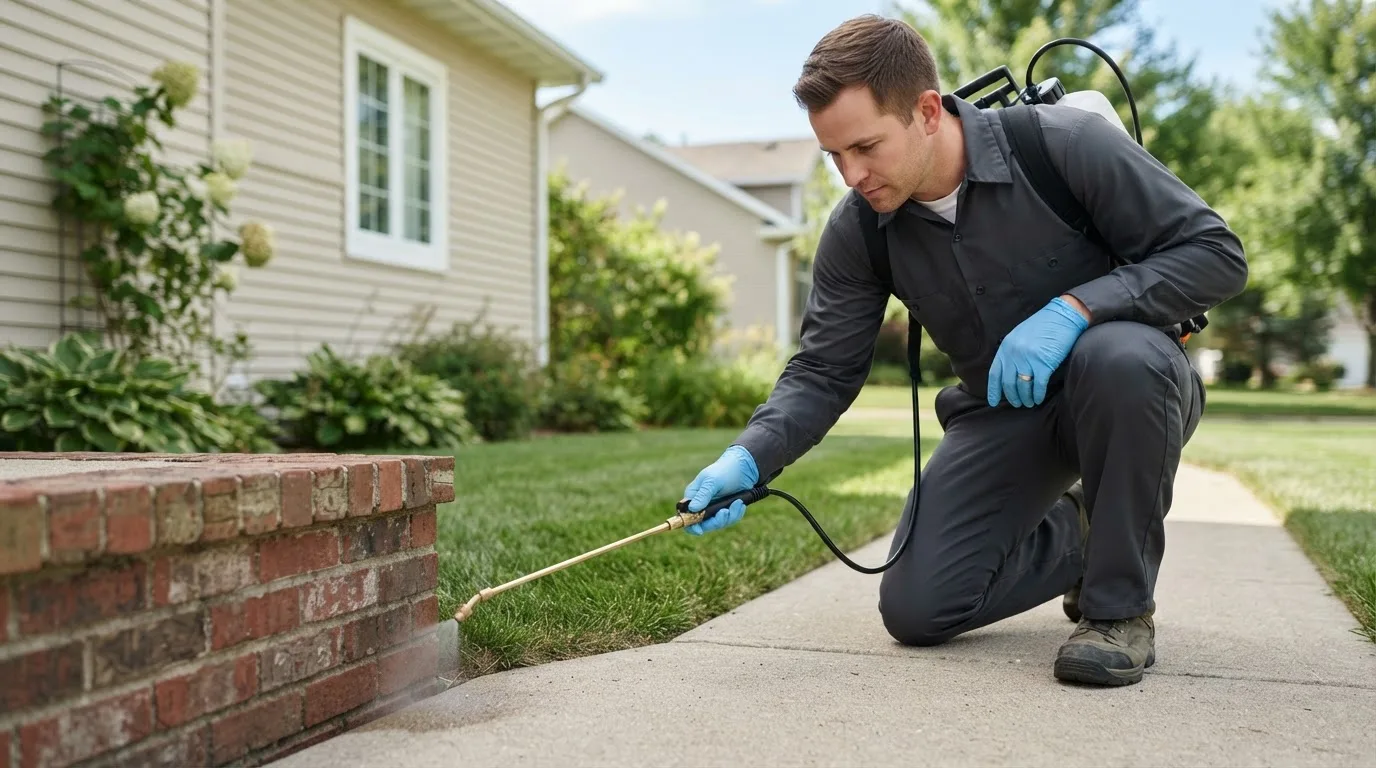 Pest control technician treating a home near Winslow, IL