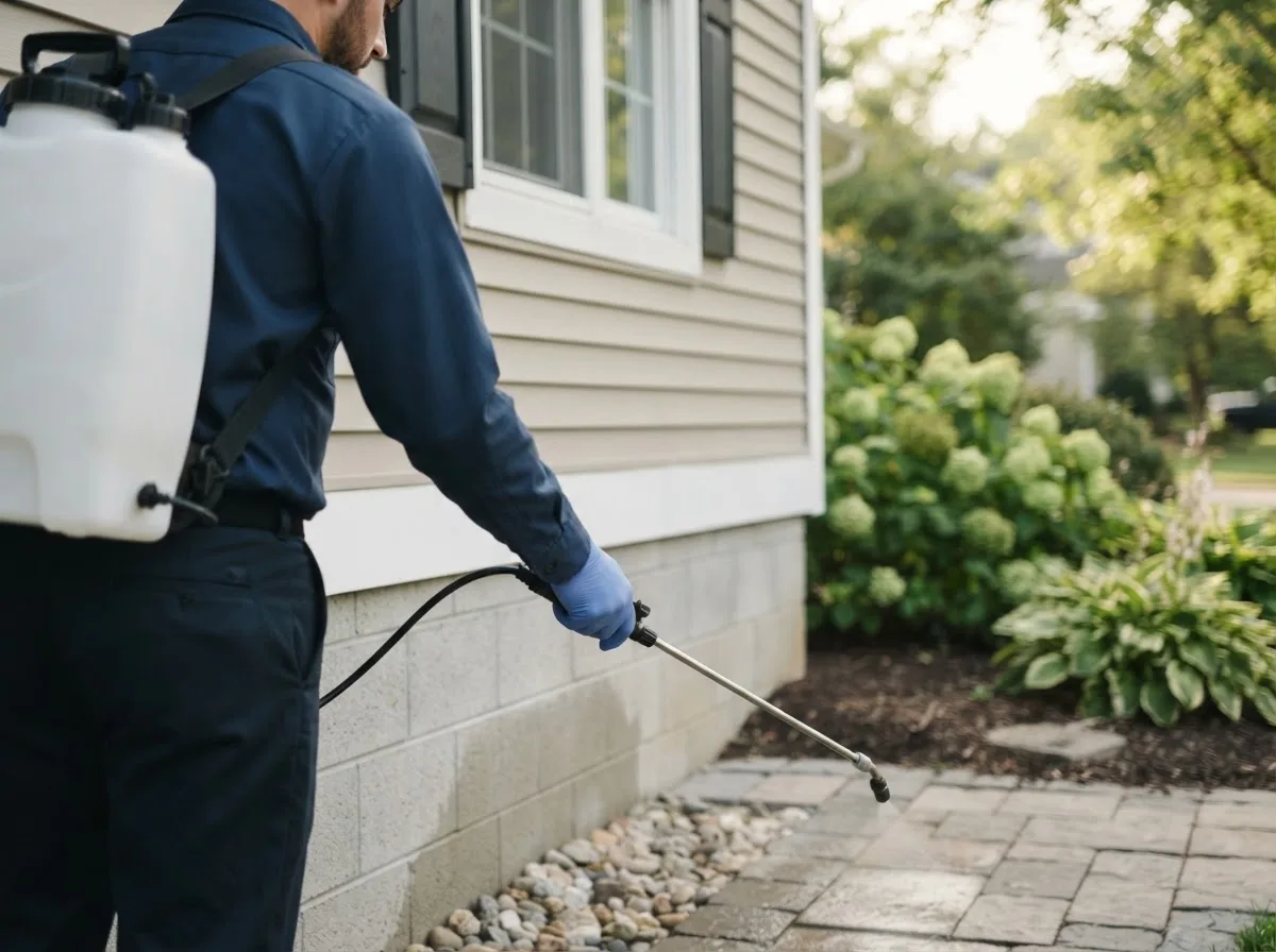 Pest control technician inspecting a home in Winslow, IL